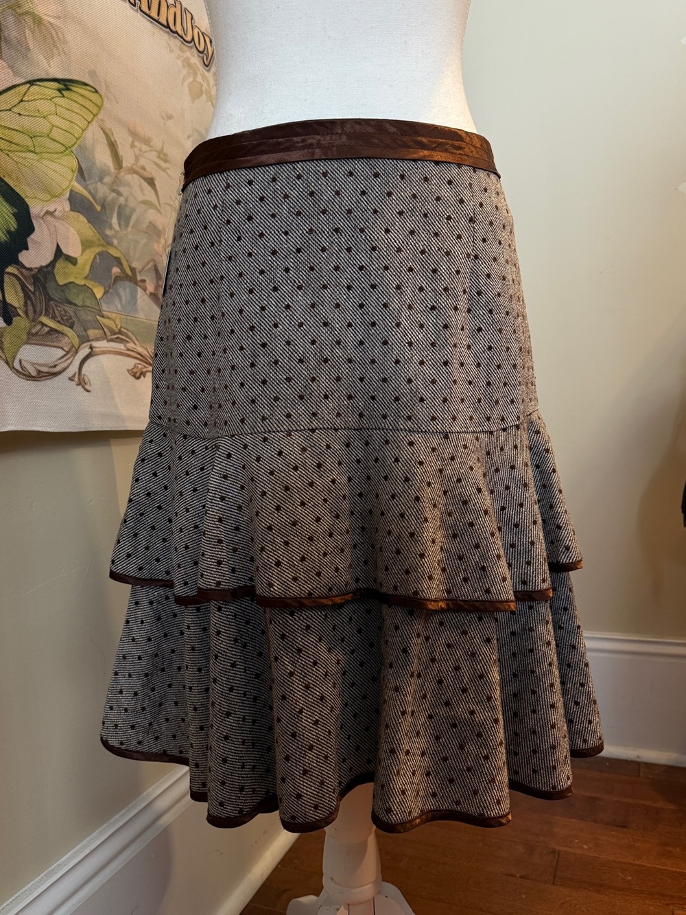 Tiered Grey Polka-Pattern A-Line Skirt with Brown Trim